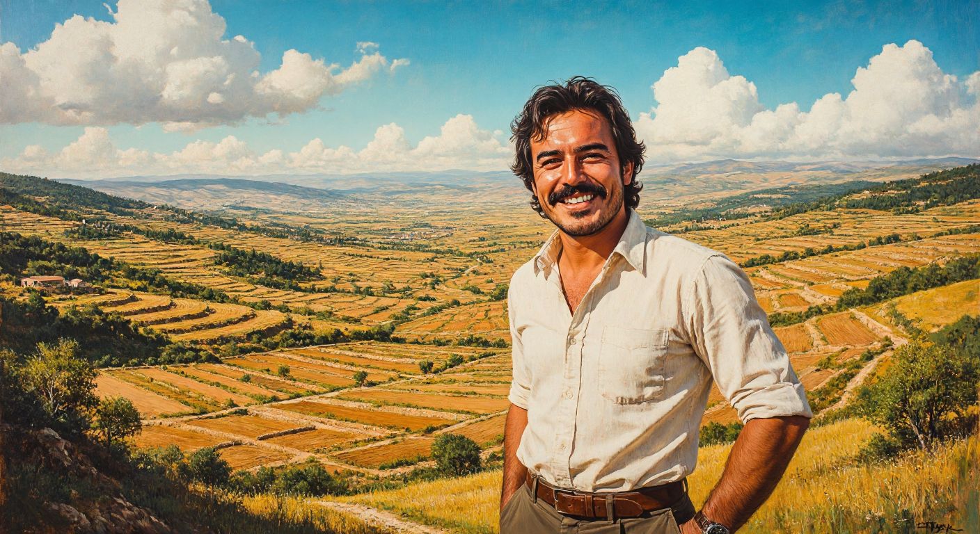 A smiling Ferdi Tayfur standing proudly in front of a vast, sunlit landscape dotted with countless empty plots of land, stretching toward distant rolling hills.