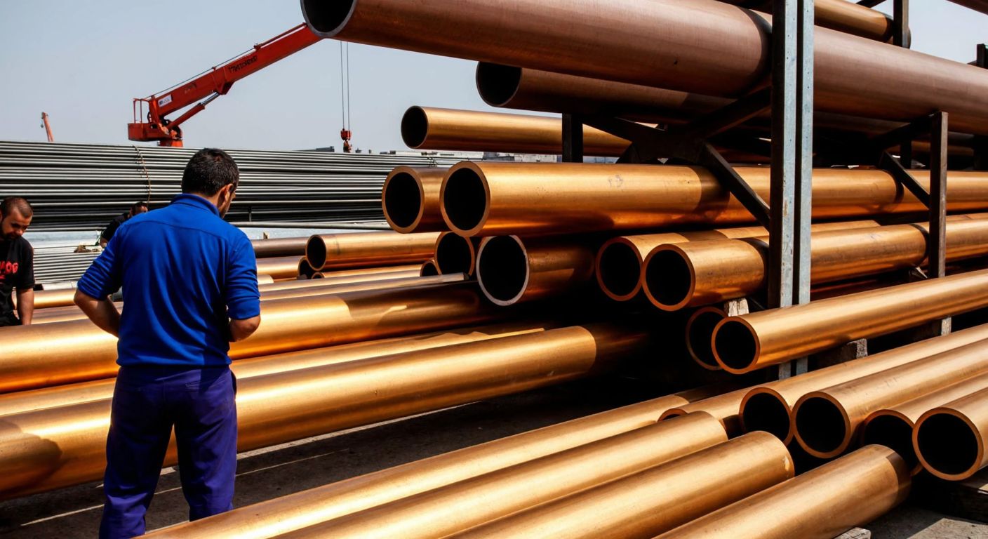 A bustling Turkish metal market with stacked bronze pipes of various sizes, workers in casual attire inspecting them, and sunlight reflecting off the warm metallic surfaces.