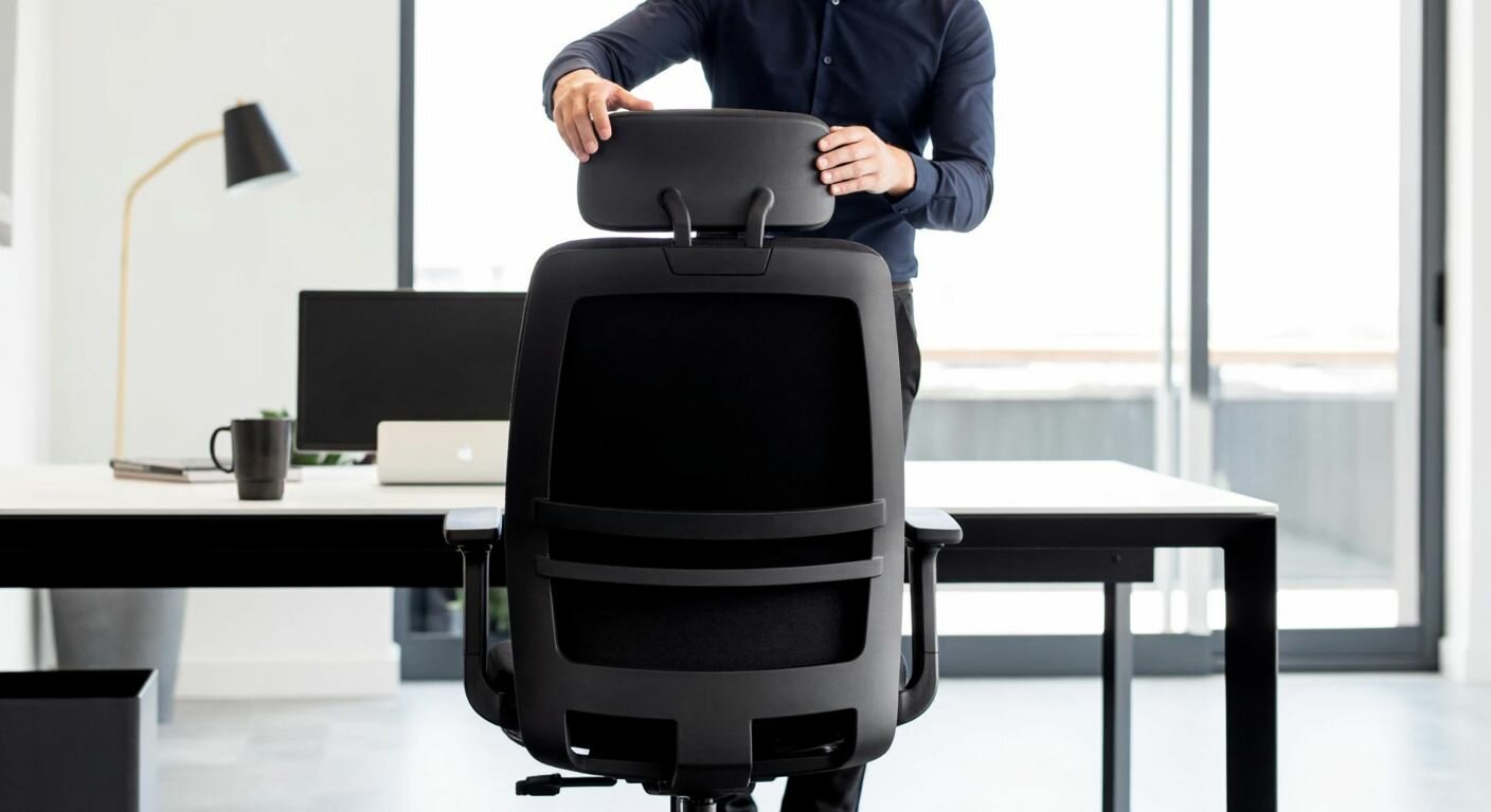 A person in a modern Turkish office adjusts the headrest of a sleek black Goldsit office chair with smooth, ergonomic movements.