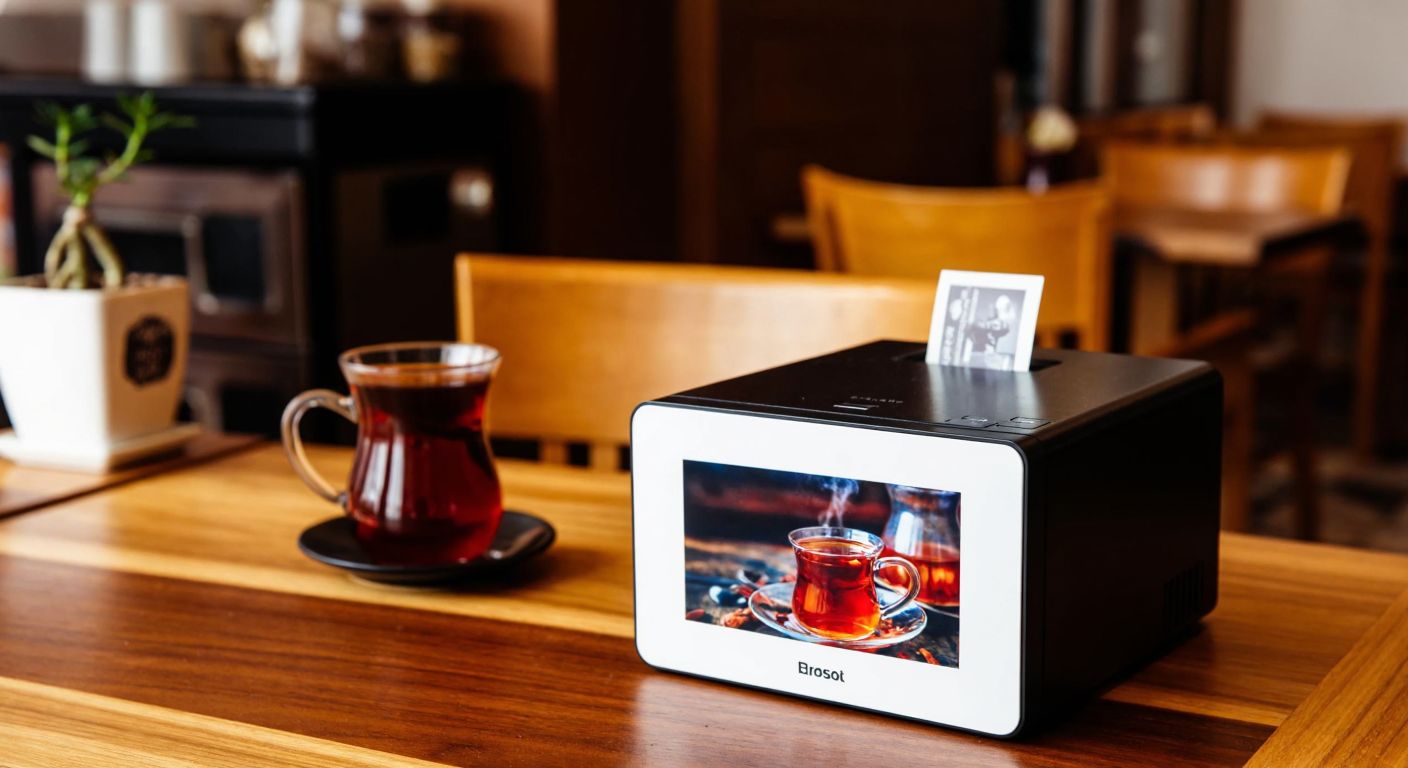 A thermal photo printer sits on a wooden desk in a cozy Turkish café, printing a vibrant 15x20 cm photograph of a steaming cup of traditional Turkish tea.
