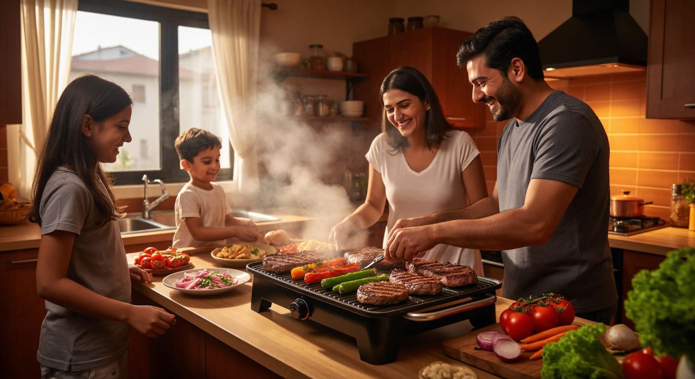 A Turkish family in a cozy kitchen smiles as they place seasoned meat and vegetables on a Kumtel electric grill, with steam rising and the warm glow of the heating elements reflecting on their faces.