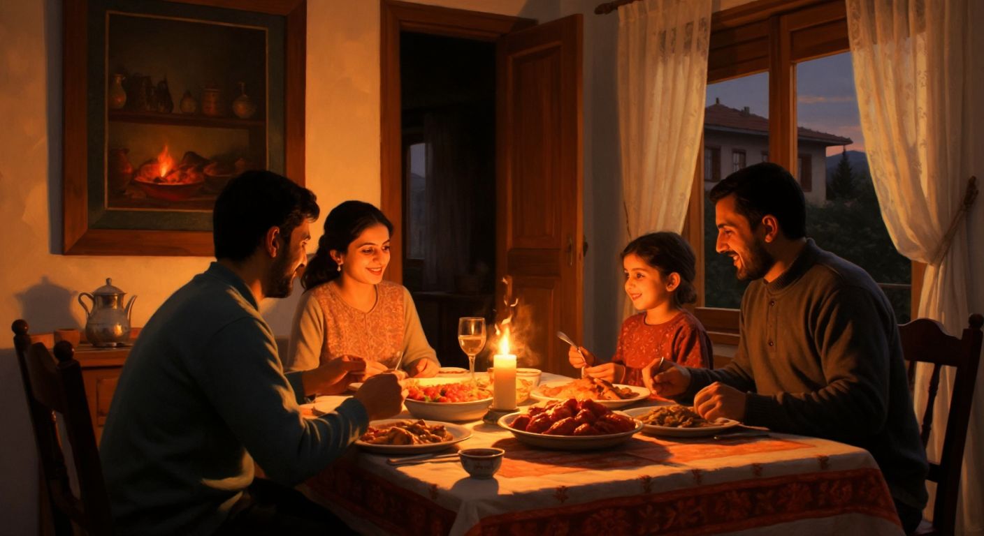 A cozy Turkish home with a warm gas heater glowing softly in the corner, while a family sits together at a dining table covered with traditional dishes, their faces lit by the heater's gentle light.