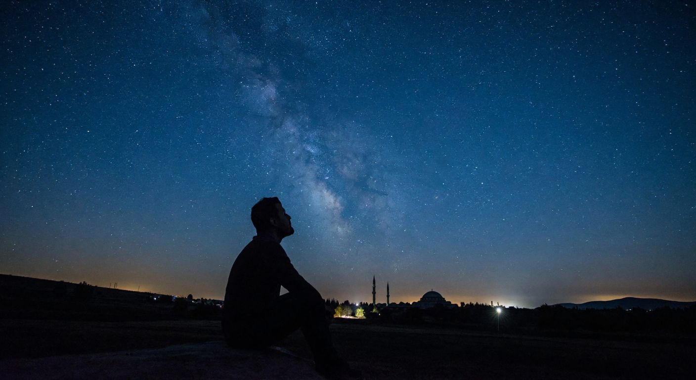 A vast, starry night sky over a tranquil Turkish landscape, with a contemplative figure gazing upward, reflecting the harmony and mystery of the cosmos.