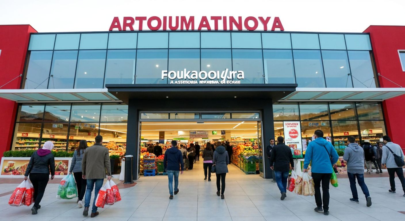 A bustling supermarket entrance in Nevşehir, with shoppers carrying bags of fresh produce and local Turkish goods, framed by the modern glass facade of Forum Kapadokya AVM under a bright Anatolian sky.