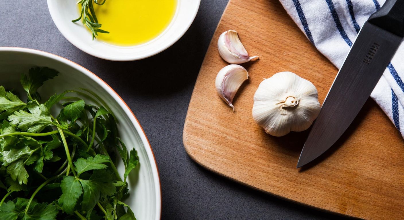 A close-up of a Turkish kitchen counter with a wooden cutting board, a peeled garlic clove being finely minced by a sharp knife, with a bowl of fresh herbs and olive oil nearby.