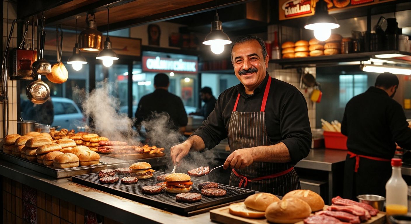 A warm, bustling burger restaurant in Eskişehir with a smiling middle-aged Turkish man (Fuat Gürcüoğlu) flipping burgers behind the counter, surrounded by the aroma of sizzling meat and fresh bread.