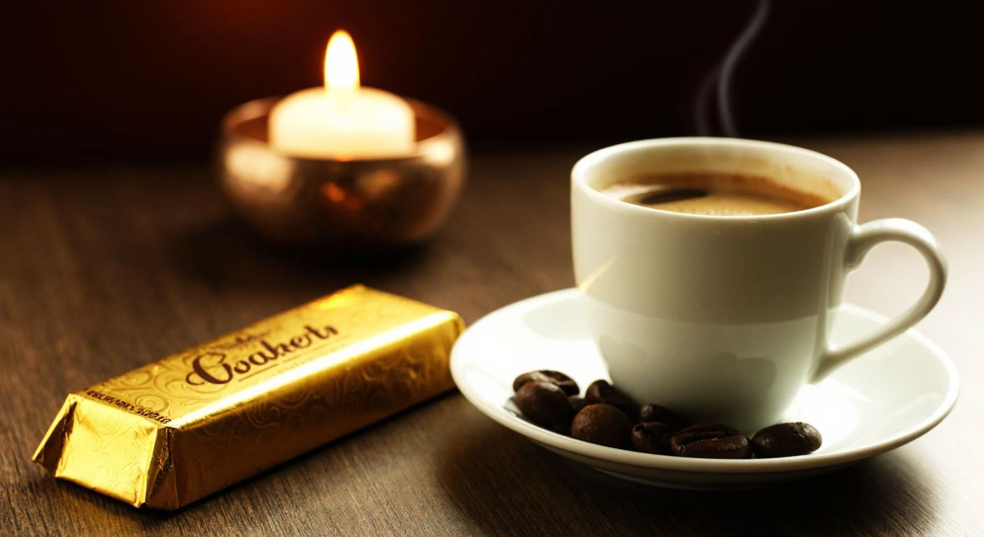 A golden-wrapped chocolate bar resting on a wooden table beside a steaming cup of Turkish coffee, with a warm, inviting glow from a nearby candle.