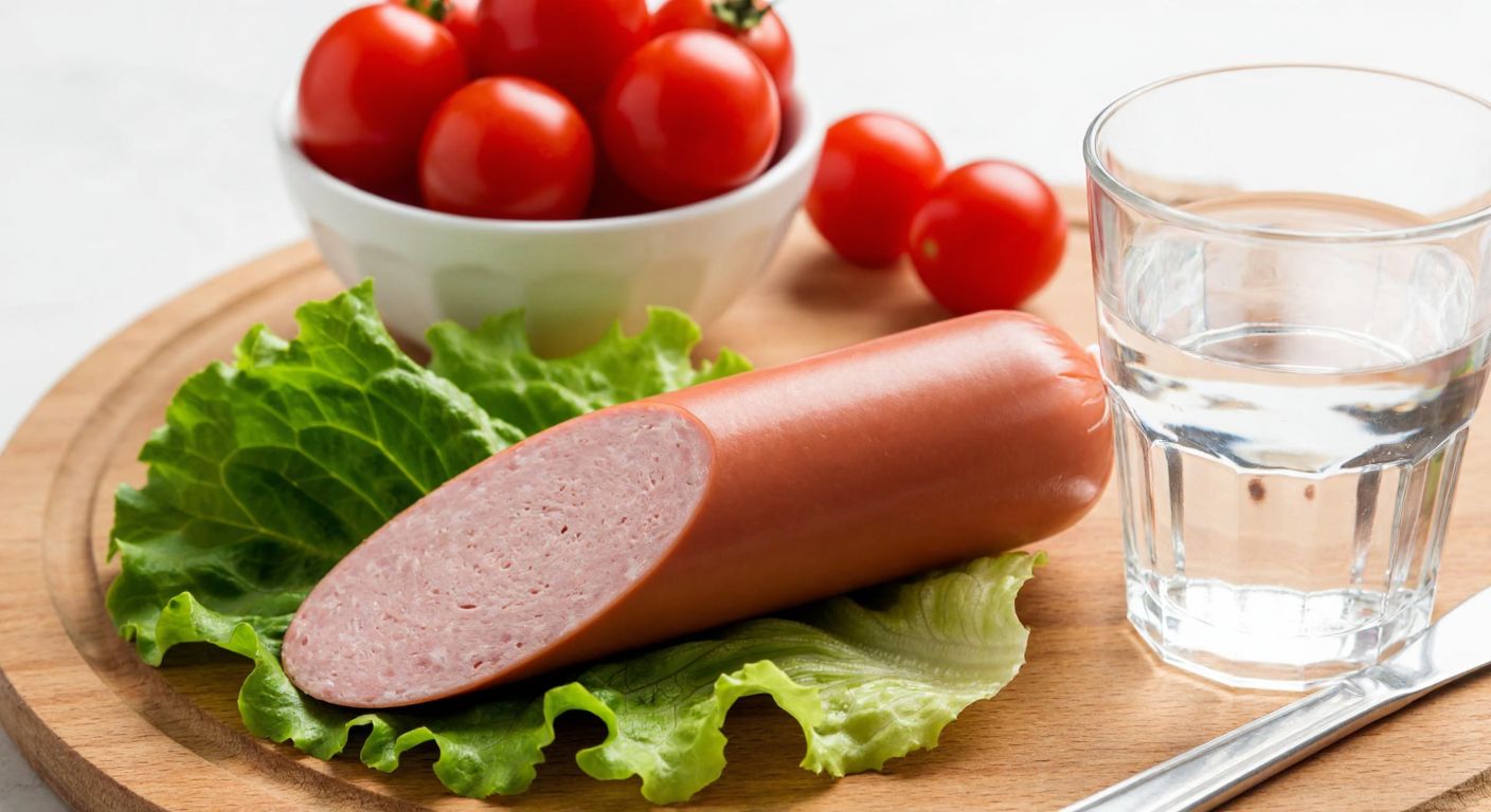 A slender slice of Pınar Aç Bitir turkey salami resting on a crisp lettuce leaf, placed beside a small bowl of fresh cherry tomatoes and a glass of water, evoking a balanced, mindful approach to snacking.