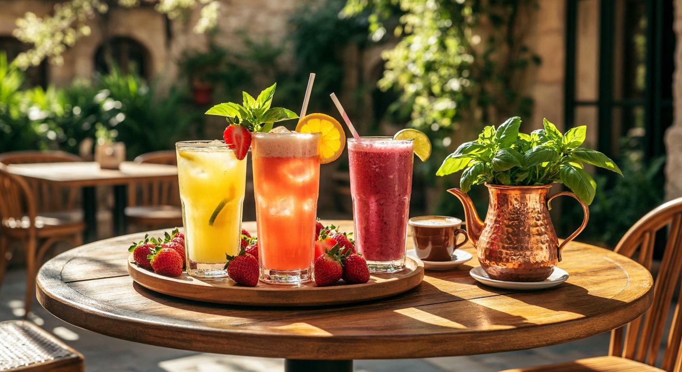 A sunlit wooden table in a Turkish courtyard holds a vibrant spread of freshly prepared drinks—frosty glasses of limonata with strawberry slices, a tall smoothie with tropical fruit garnishes, a copper pitcher of reyhan şerbeti with basil sprigs, and a small cup of dibek kahvesi with foam, evoking refreshment and tradition.