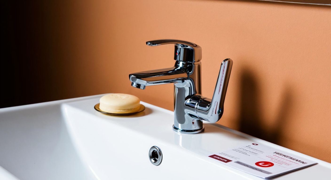 A sleek chrome bidet faucet with a yonca (clover) design sits on a clean white bathroom sink, surrounded by scattered customer reviews in Turkish, some glowing with approval while others show frustration.