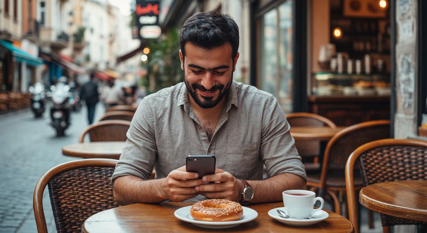 A Turkish man in a casual shirt checks his smartphone with a relieved smile while sitting at a small café table with a steaming cup of çay and a plate of simit in front of him.