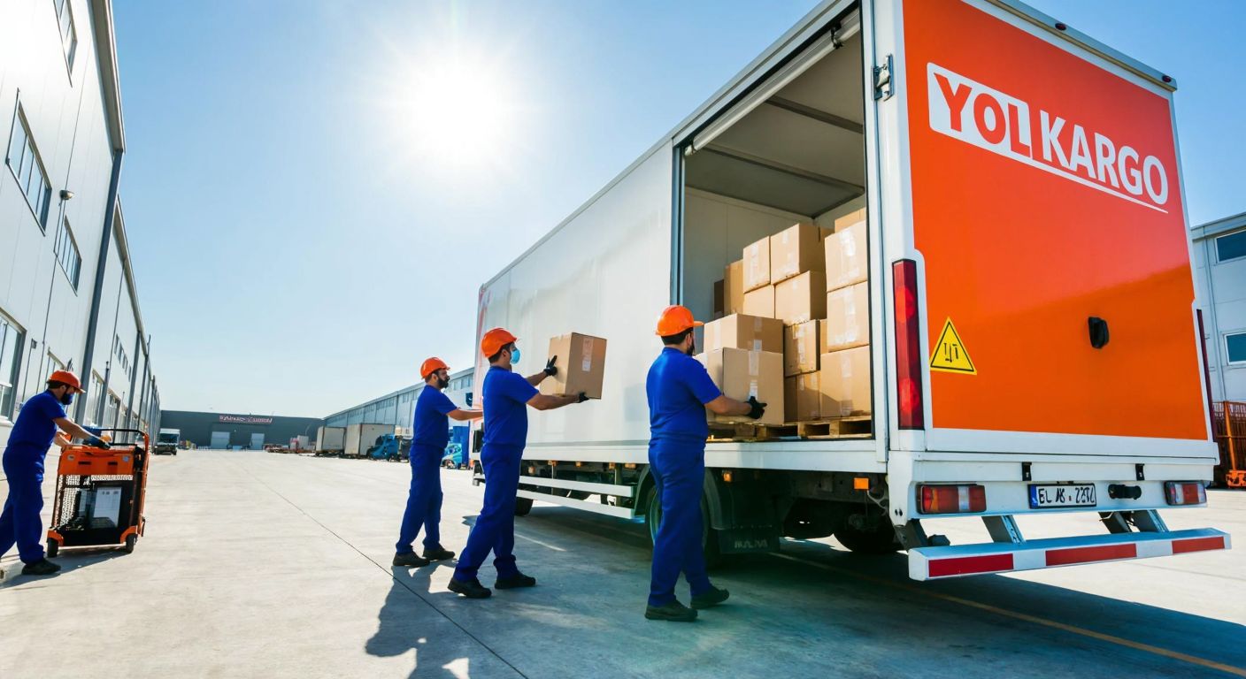 A bustling Turkish logistics warehouse with workers in blue uniforms loading packages onto a branded Yol Kargo truck under a bright sun.