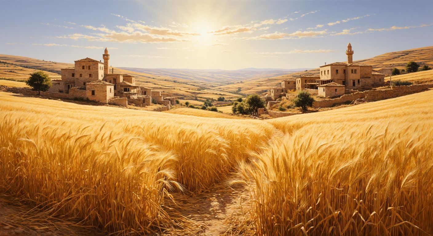 A golden field of bulgur wheat swaying under the bright sun in Midyat, with traditional stone houses and rolling hills of southeastern Turkey in the background.