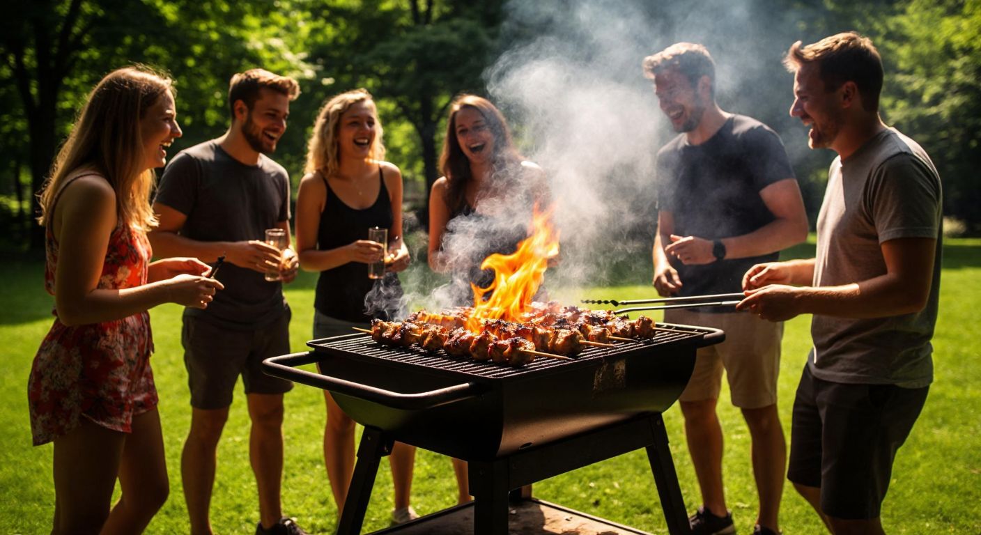 A group of people gathered around a glowing charcoal grill in a lush green park, laughing as they skewer and flip sizzling kebabs with golden-brown edges, the smoky aroma rising into the air.