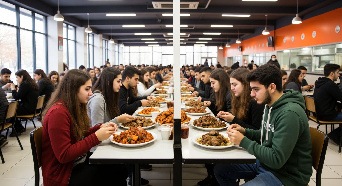 A bustling university cafeteria in Turkey, split into two distinct sections—one filled with female students enjoying traditional dishes like mantı, the other with male students sharing plates of kebap, both groups separated by a clear but unmarked divider.