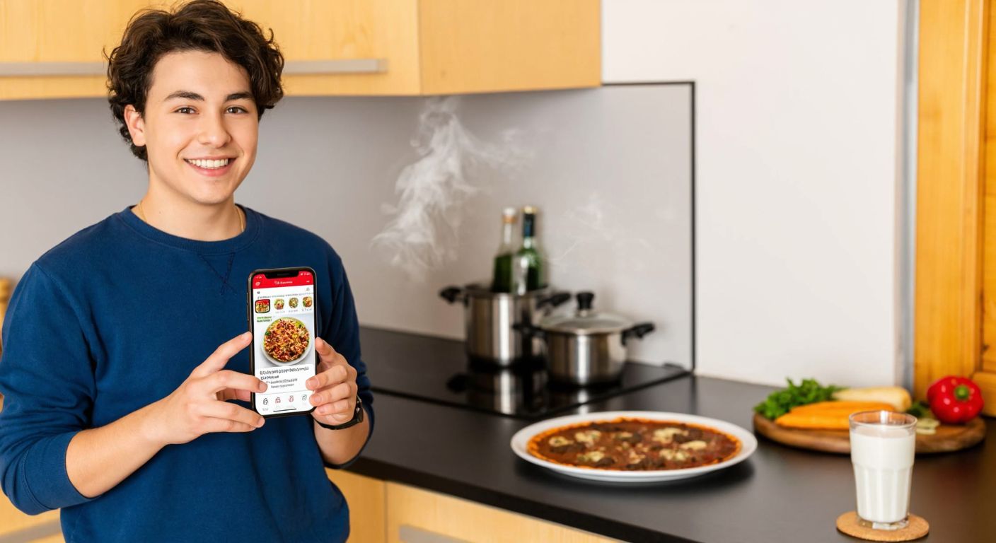 A smiling young person in a casual outfit holds a smartphone with a food delivery app open, standing in a cozy Turkish kitchen with a steaming plate of lahmacun and ayran on the counter.