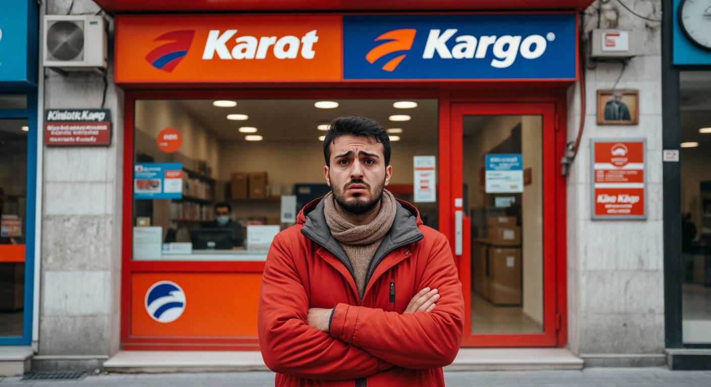A puzzled person in Turkey stands near a closed shipping office with signs of local courier companies like Sürat Kargo and MNG Kargo in the background.