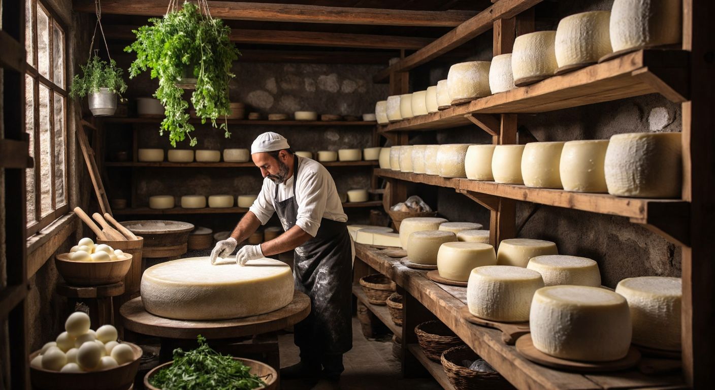 A Turkish cheesemaker in a rustic dairy carefully tends to large wheels of cheese aging on wooden shelves, surrounded by bubbling cultures and natural ingredients like herbs and milk.