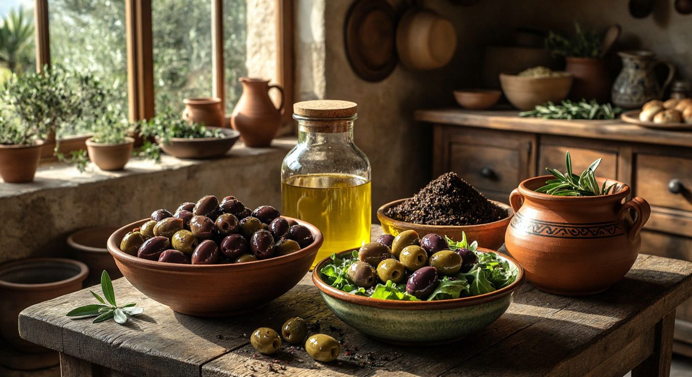 A rustic wooden table in a sunlit Turkish kitchen holds a bowl of plump olives, a jar of golden olive oil, a small pile of compost, and a vibrant salad garnished with sliced olives, surrounded by traditional ceramic containers.