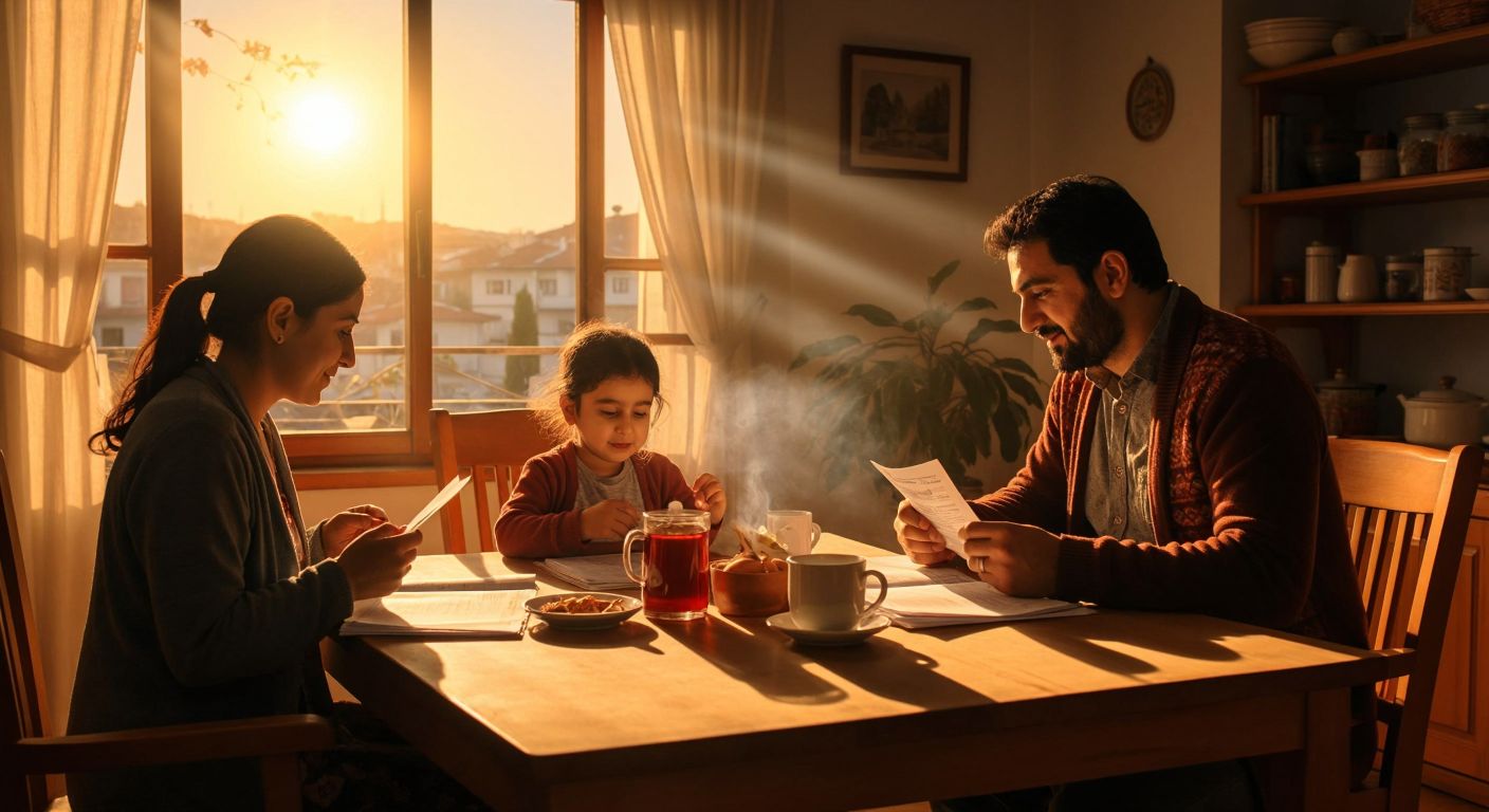 A Turkish family sits at a wooden dining table, relieved as they review household bills and medical documents, with warm light streaming through the window onto a steaming cup of çay.