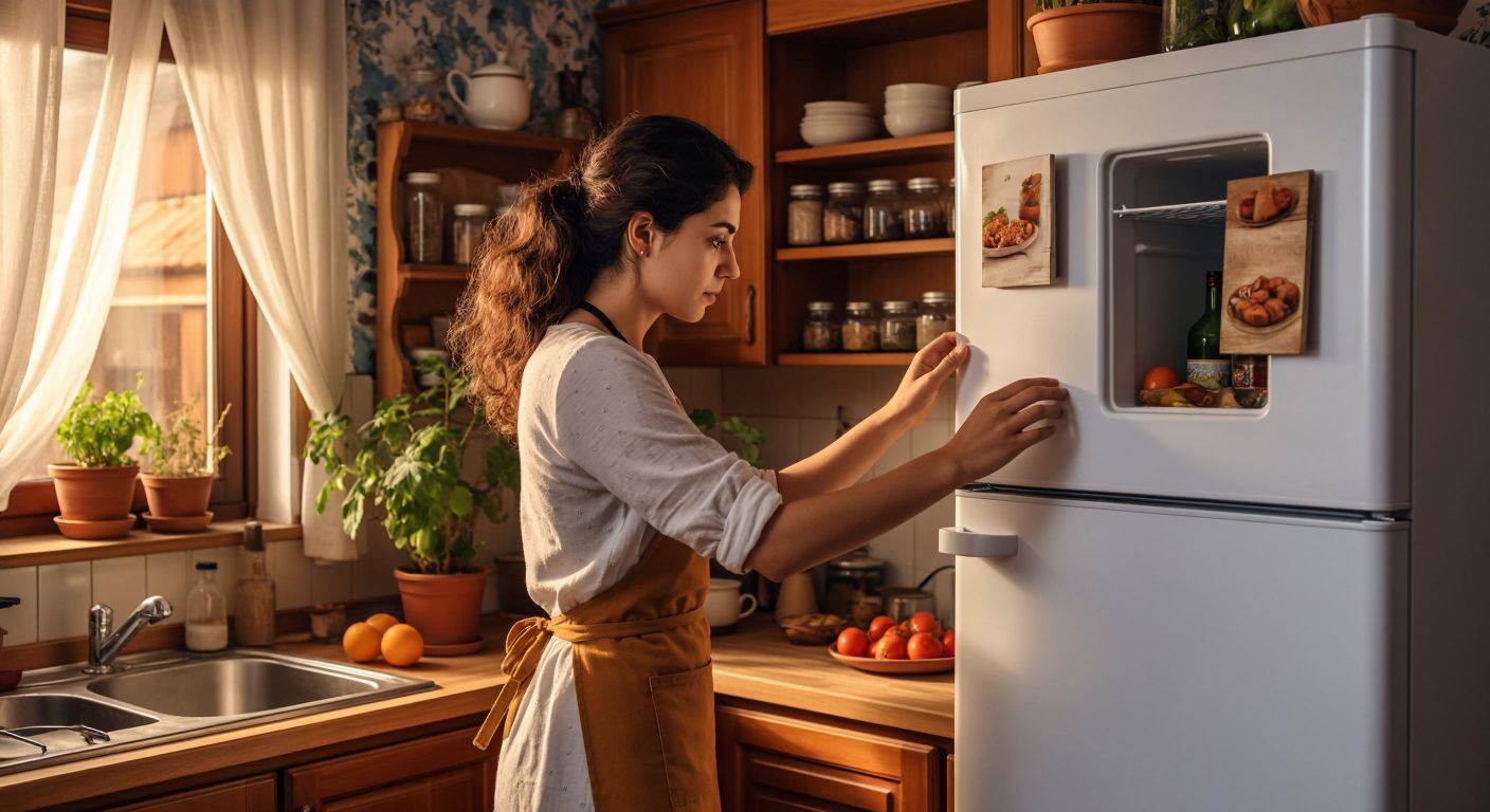 A Turkish woman in a cozy kitchen, wearing an apron, carefully adjusting the freezer compartment of a white refrigerator while listening attentively for any unusual sounds.