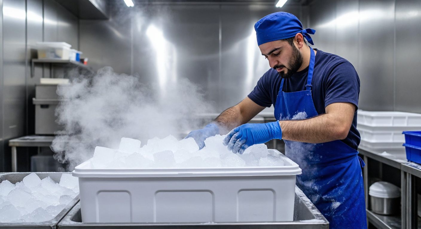A Turkish worker in a blue apron carefully places blocks of dry ice into a white styrofoam cooler in a clean industrial kitchen, with faint mist rising from the ice.