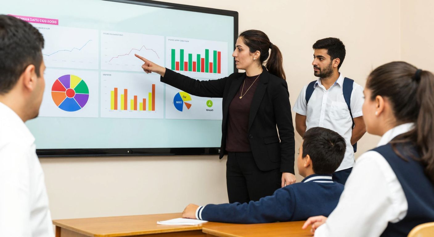 A Turkish teacher in a classroom pointing at a digital board displaying colorful charts while students in uniforms and a parent observe attentively.