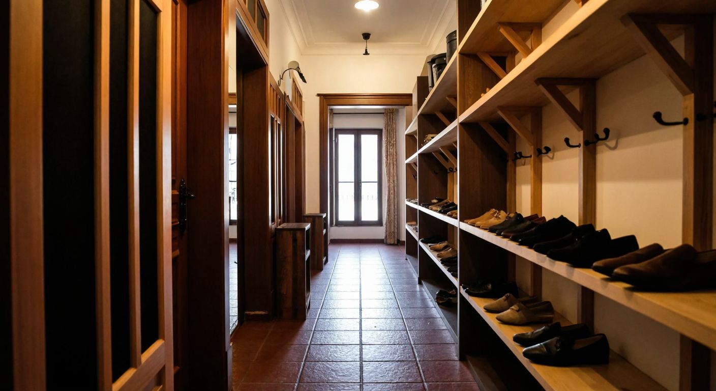 A narrow, dimly lit corridor in a traditional Turkish house, lined with wooden coat hooks and shelves holding neatly arranged shoes, evoking a sense of order and warmth.