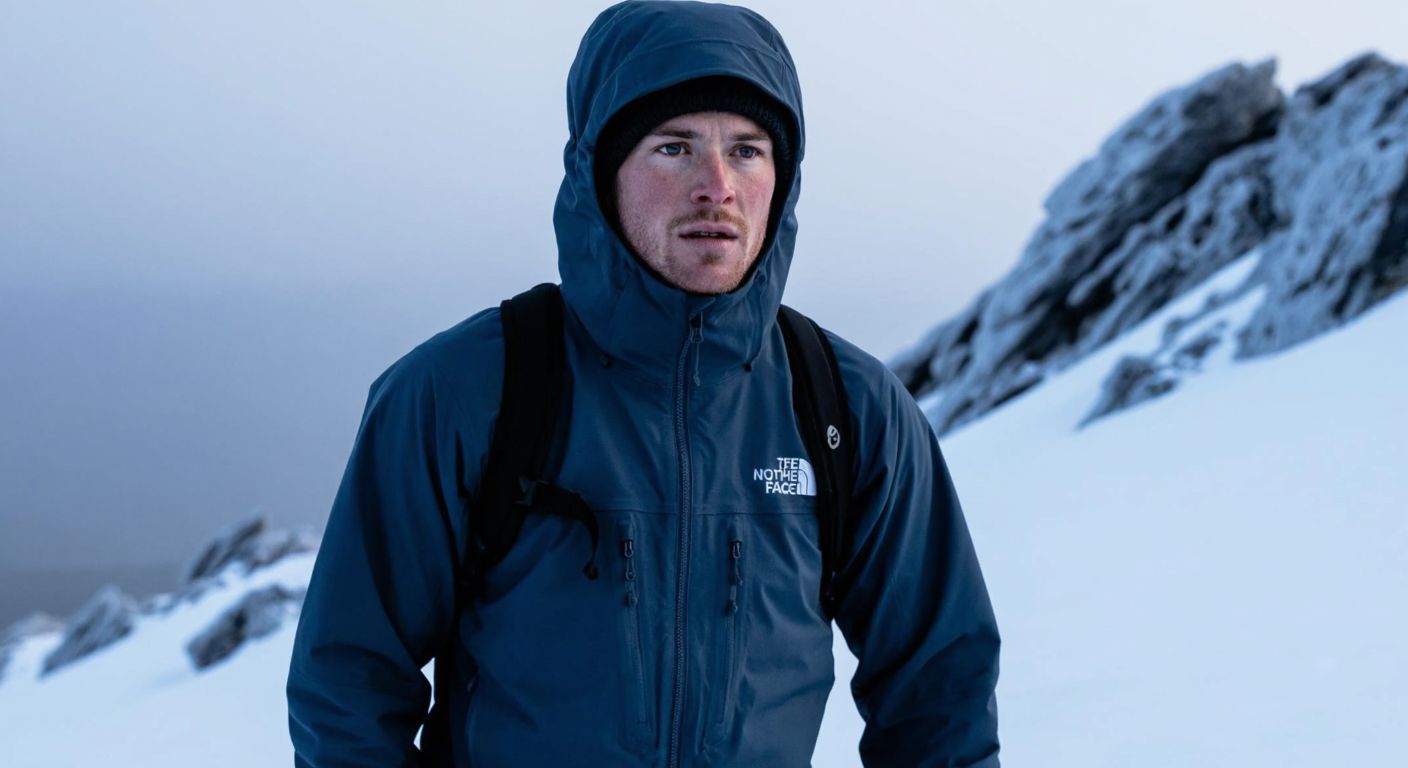 A rugged, dark blue **The North Face Summit Breithorn jacket** worn by a hiker with a determined expression, standing on a snowy mountain slope under a cold, overcast sky, with frost-covered rocks in the background.