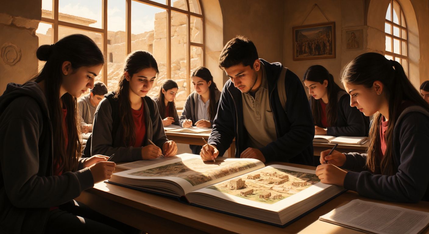 A group of Turkish high school students in a sunlit classroom, intently examining an illustrated page of their history textbook featuring an ancient depiction of Göbeklitepe, while their teacher gestures thoughtfully toward the image.