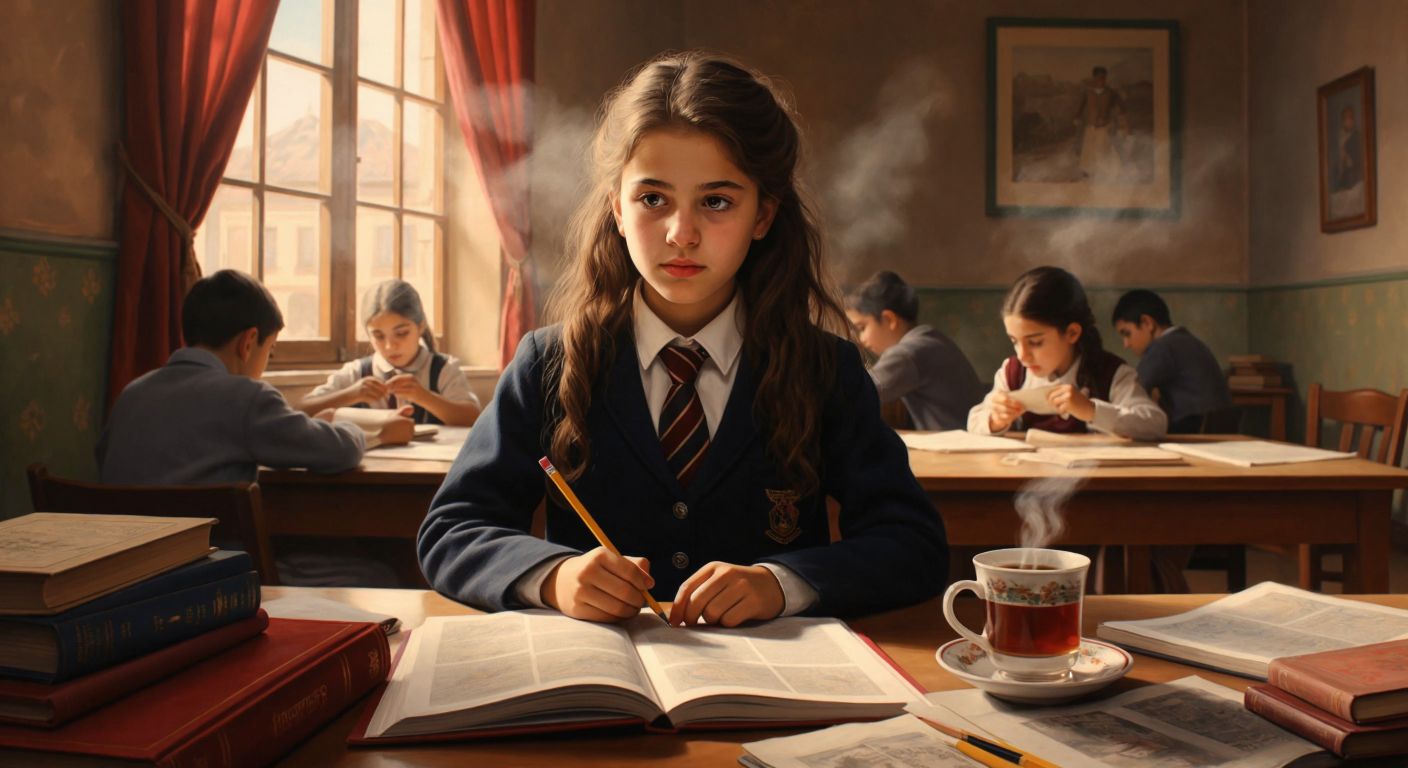 A young student in a Turkish classroom, wearing a school uniform, looks thoughtfully at a history textbook while holding a pencil, surrounded by scattered notes and a steaming cup of Turkish tea.