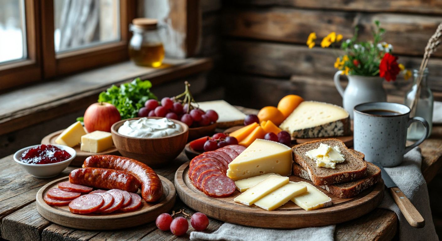A rustic wooden table in a cozy German kitchen, set with a spread of sliced sausages, assorted cheeses, dark rye bread with butter and jam, fresh fruit, yogurt, and a steaming cup of coffee.