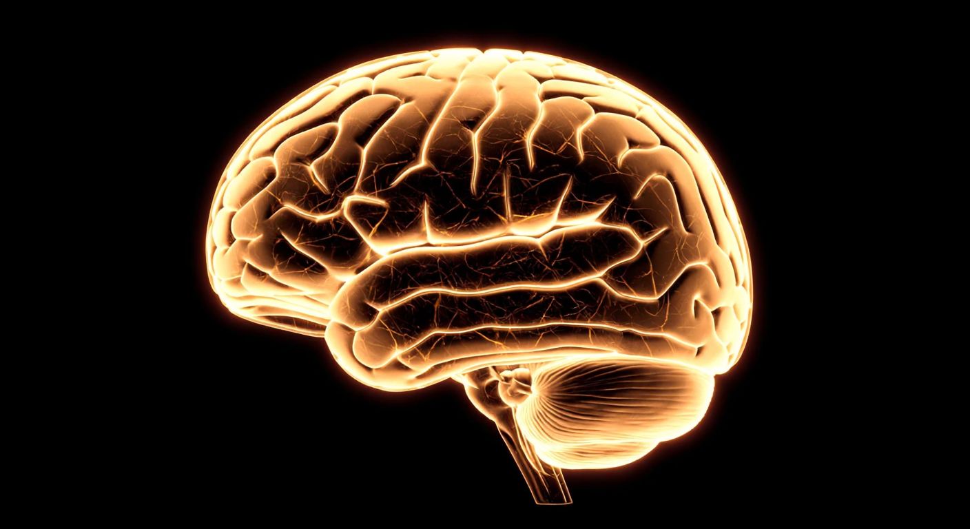 A glowing, intricately detailed human brain floats against a dark background, its neural pathways illuminated like a vast, interconnected web of golden threads.