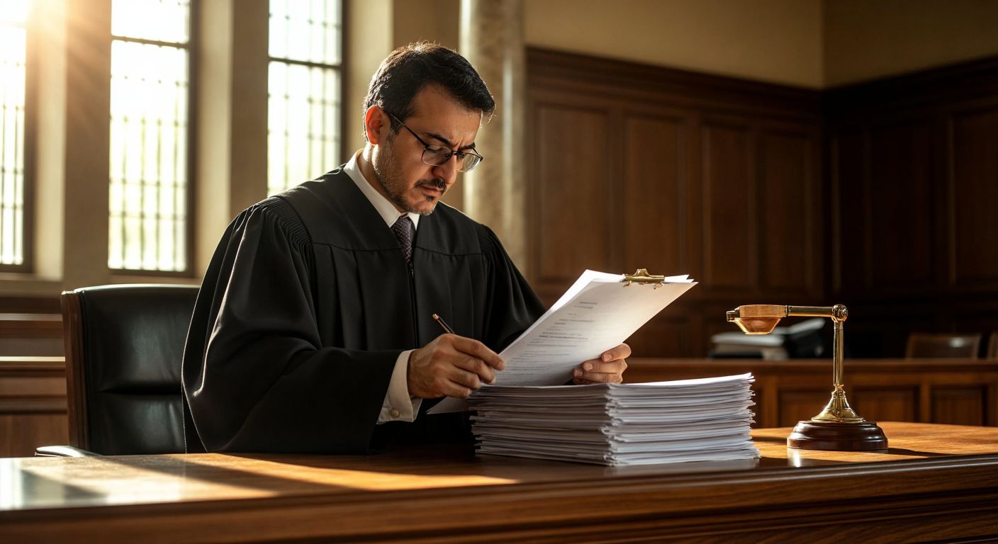 A dignified Turkish judge in a black robe carefully reviews a stack of documents on a wooden desk in a sunlit courthouse, symbolizing merit-based evaluation and fairness.
