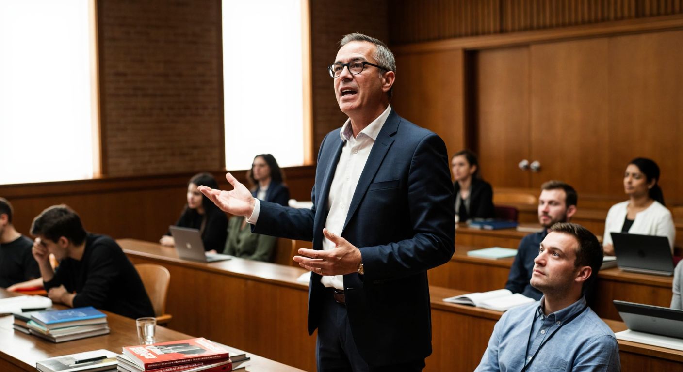 A distinguished middle-aged man in a sharp suit stands confidently in a university lecture hall, gesturing passionately while students listen intently, with stacks of books and a laptop nearby.