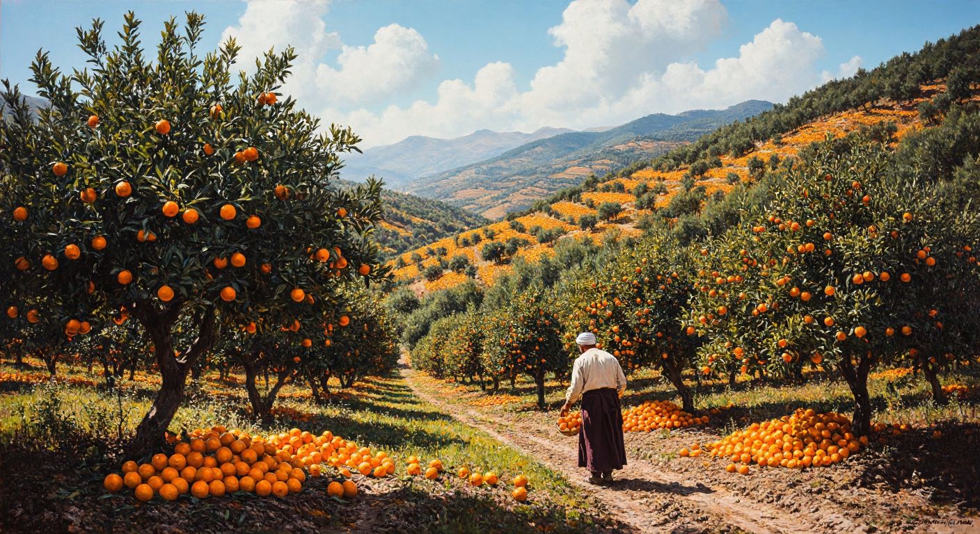 A sunlit grove of mandarin trees laden with bright orange fruit, nestled between rolling hills in Turkey's Mediterranean region, with a farmer in traditional attire gently inspecting the ripe harvest.