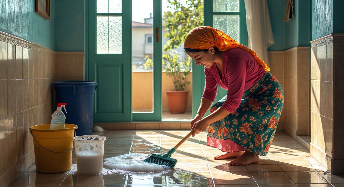 A Turkish woman in a bright headscarf energetically scrubs a tiled floor with a mop, sunlight streaming through open windows while a bucket of soapy water and cleaning supplies sit nearby.