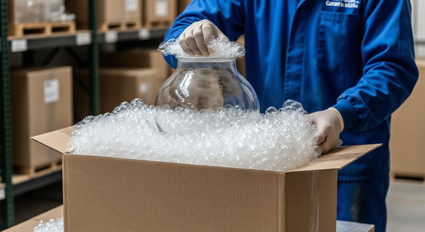 A sturdy brown cardboard box filled with protective bubble wrap and foam padding, carefully cradling a fragile glass vase inside, with a worker in a blue uniform sealing the package securely.