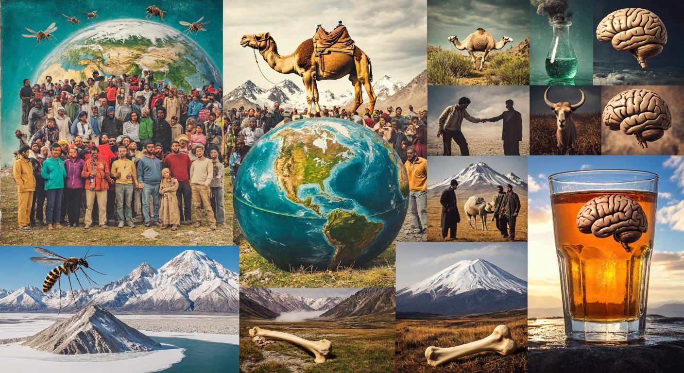 A vibrant collage featuring a bustling globe with diverse people, a camel with a hump, a shimmering pale blue water droplet, green algae under sunlight, a buzzing mosquito, a towering snow-capped mountain, a dry icy landscape, a sturdy hip bone, and a glass of amber liquid with a brain silhouette in the background.