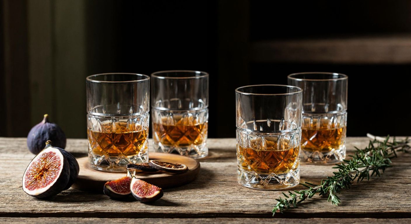A rustic wooden table in a dimly lit room holds three crystal glasses of amber-colored Jura whisky, each reflecting warm light, with a sliced orange, dried figs, and a sprig of heather beside them, evoking the drink's fruity and earthy aromas.