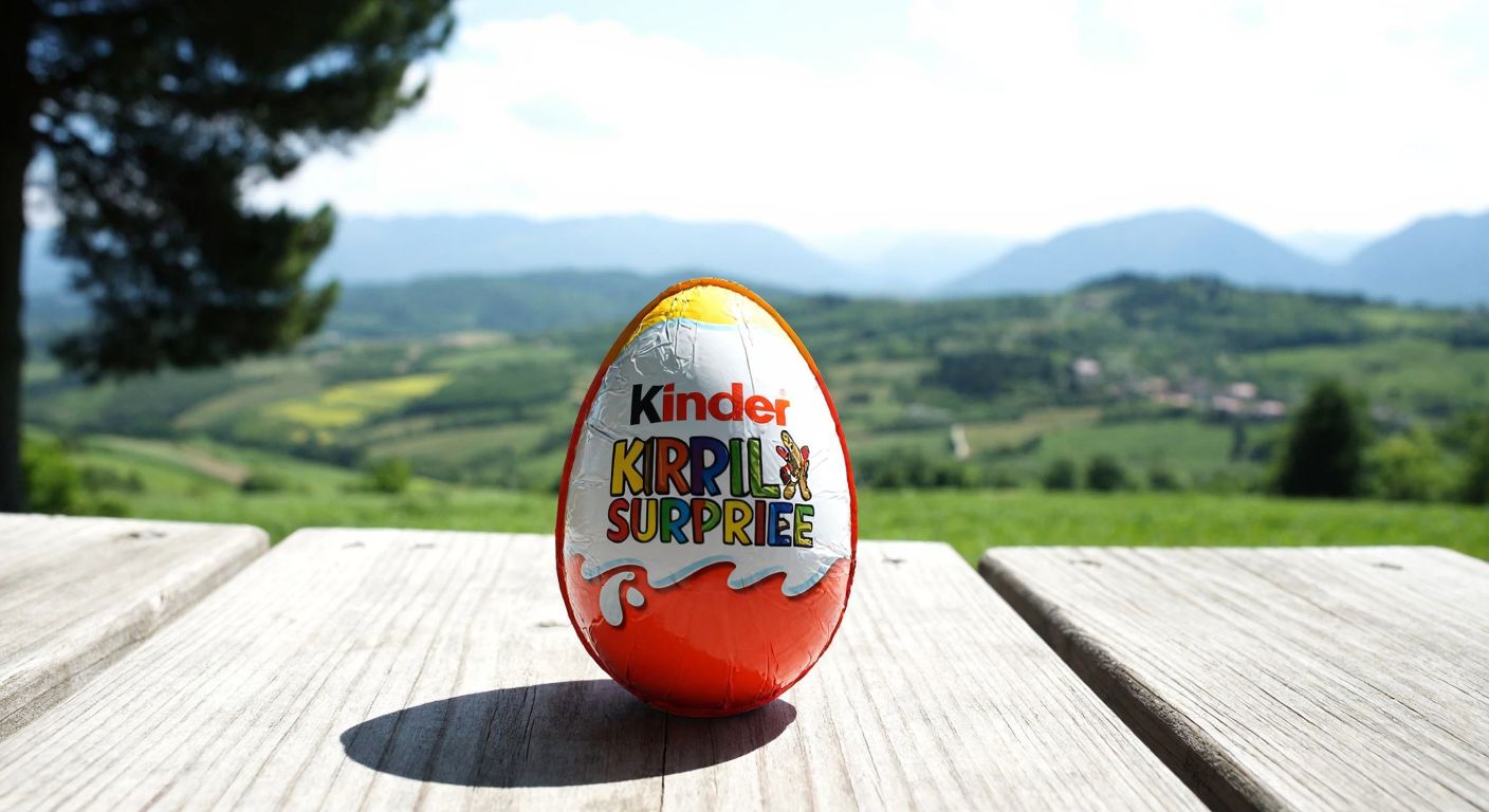 A colorful Kinder Surprise egg wrapped in shiny foil, resting on a wooden table with Italian countryside scenery in the background.