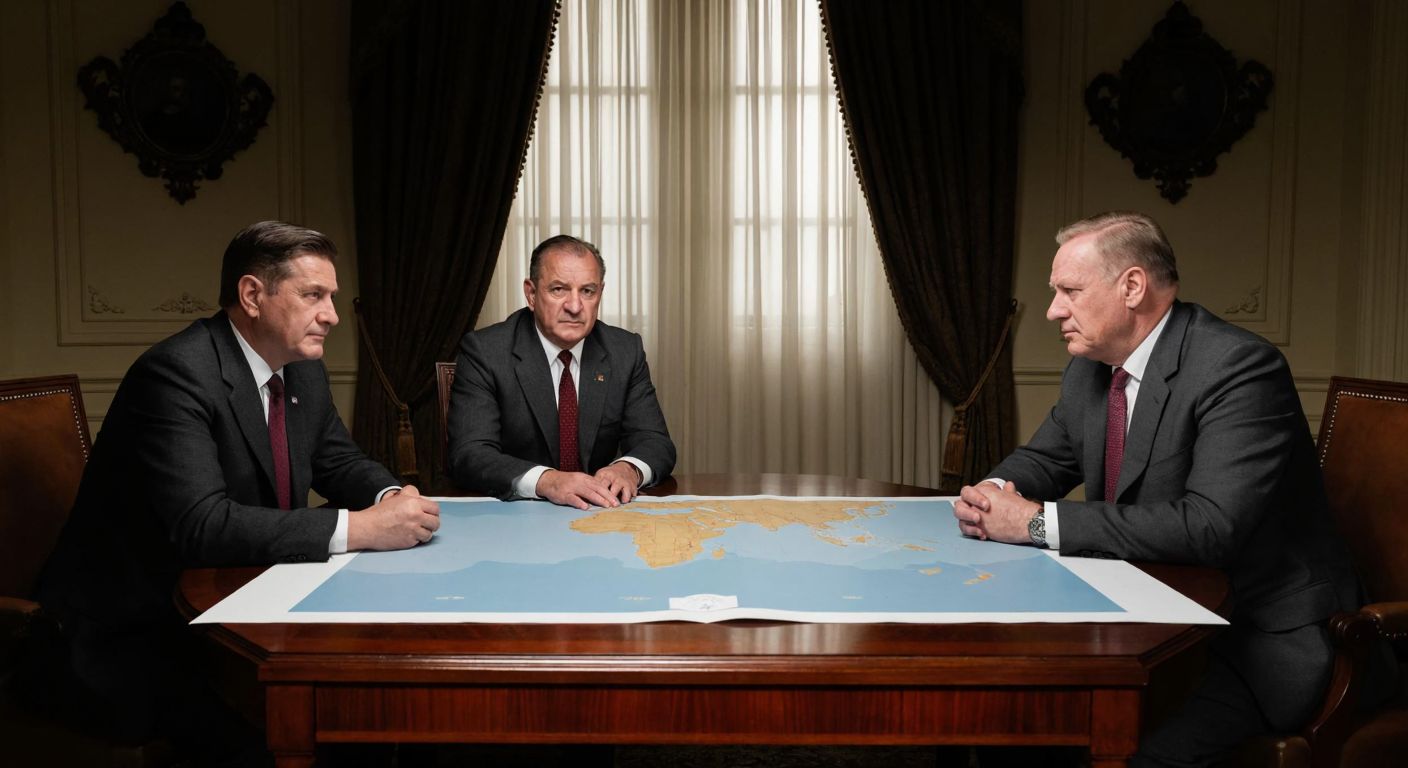 A solemn meeting of three world leaders in mid-20th century formal attire, seated around a large wooden table with a map of Europe spread between them, surrounded by heavy curtains and dim lighting, their expressions tense yet diplomatic.