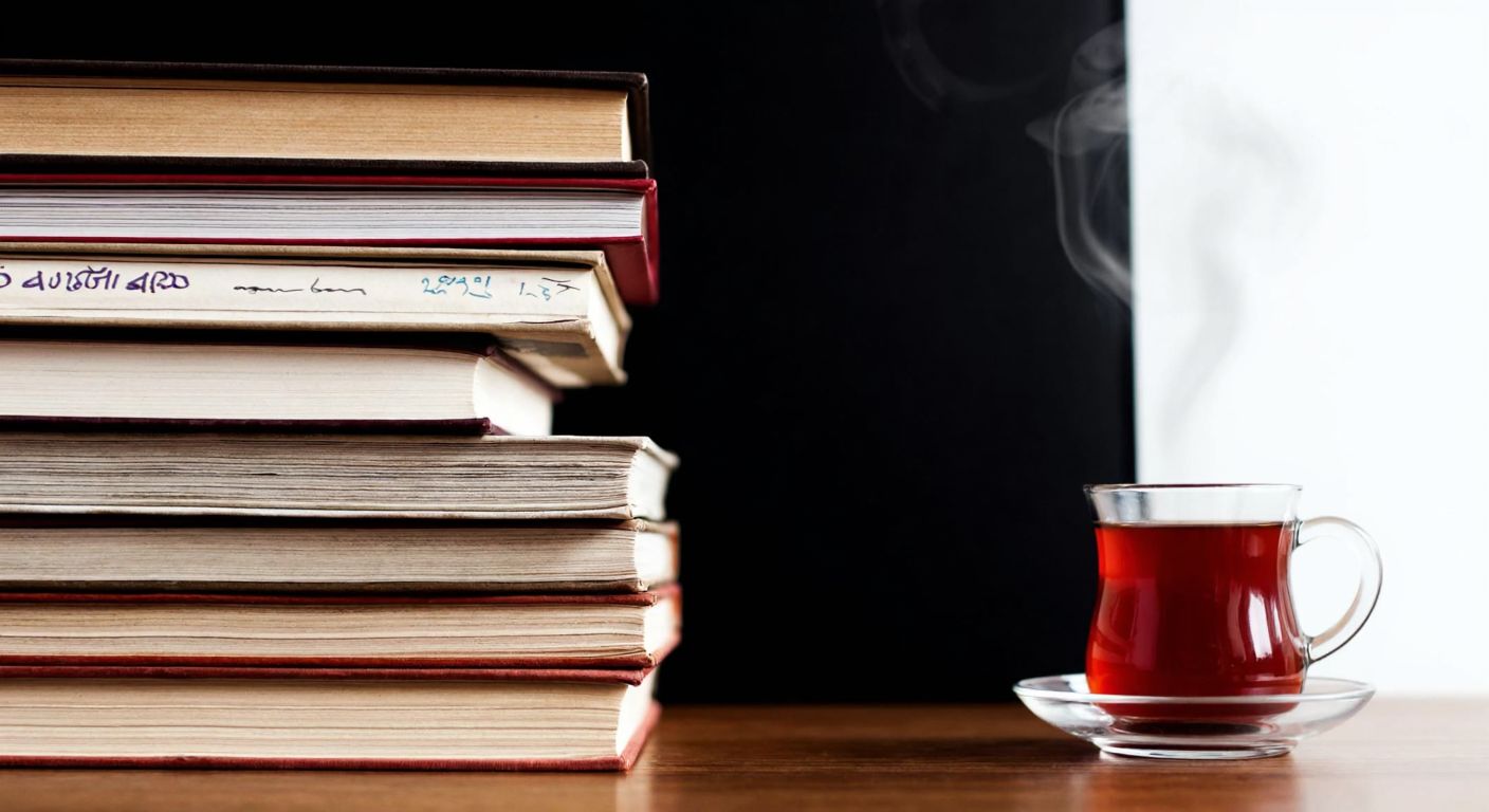 A neatly stacked pile of old Turkish books with handwritten notes peeking out between the pages, resting on a wooden desk beside a steaming cup of çay.