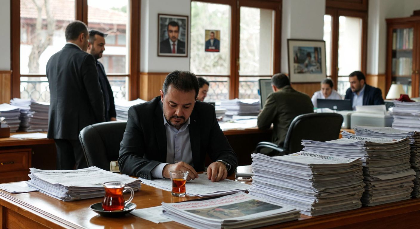 A bustling Turkish newspaper office in Sapanca, with Murat Arapoğlu reviewing articles at a wooden desk, surrounded by stacks of papers, a steaming cup of Turkish tea, and colleagues discussing news in the background.