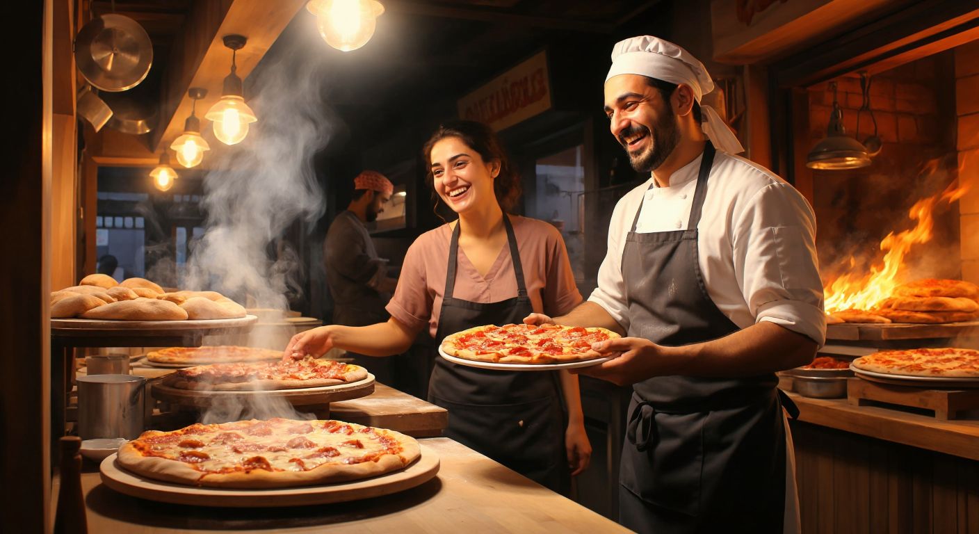 A warm Turkish pizzeria with a smiling baker handing a steaming slice of pizza to a delighted customer, surrounded by the aroma of fresh dough and melted cheese.