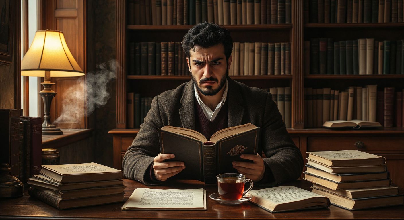 A Turkish author sitting at a wooden desk, frowning slightly while holding a book with visible typos, surrounded by stacks of manuscripts and a steaming cup of çay, with a dim lamp casting warm light in a cozy home library.