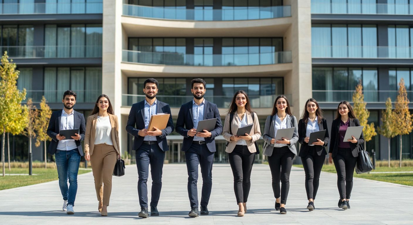 A group of professional-looking university faculty and administrative staff in Turkey standing confidently in front of a modern campus building, holding folders and laptops, while students walk past them without entering.