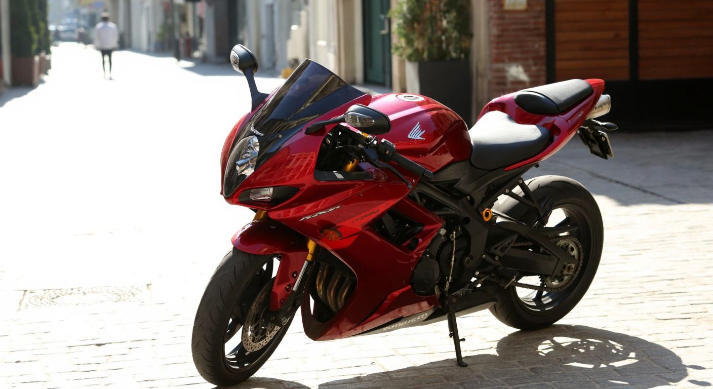 A sleek red motorcycle parked on a cobblestone street in Istanbul, adorned with a glossy LV-patterned sticker on its fuel tank, reflecting sunlight.
