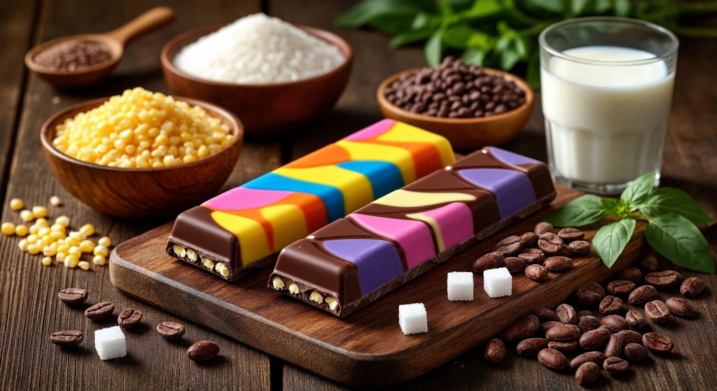 A colorful, unwrapped **Ülker Piko** chocolate bar on a wooden table, surrounded by its key ingredients—sugar cubes, corn grits, a small bowl of rice, a glass of milk, cocoa beans, and a drizzle of sunflower oil—arranged neatly under warm Turkish sunlight.