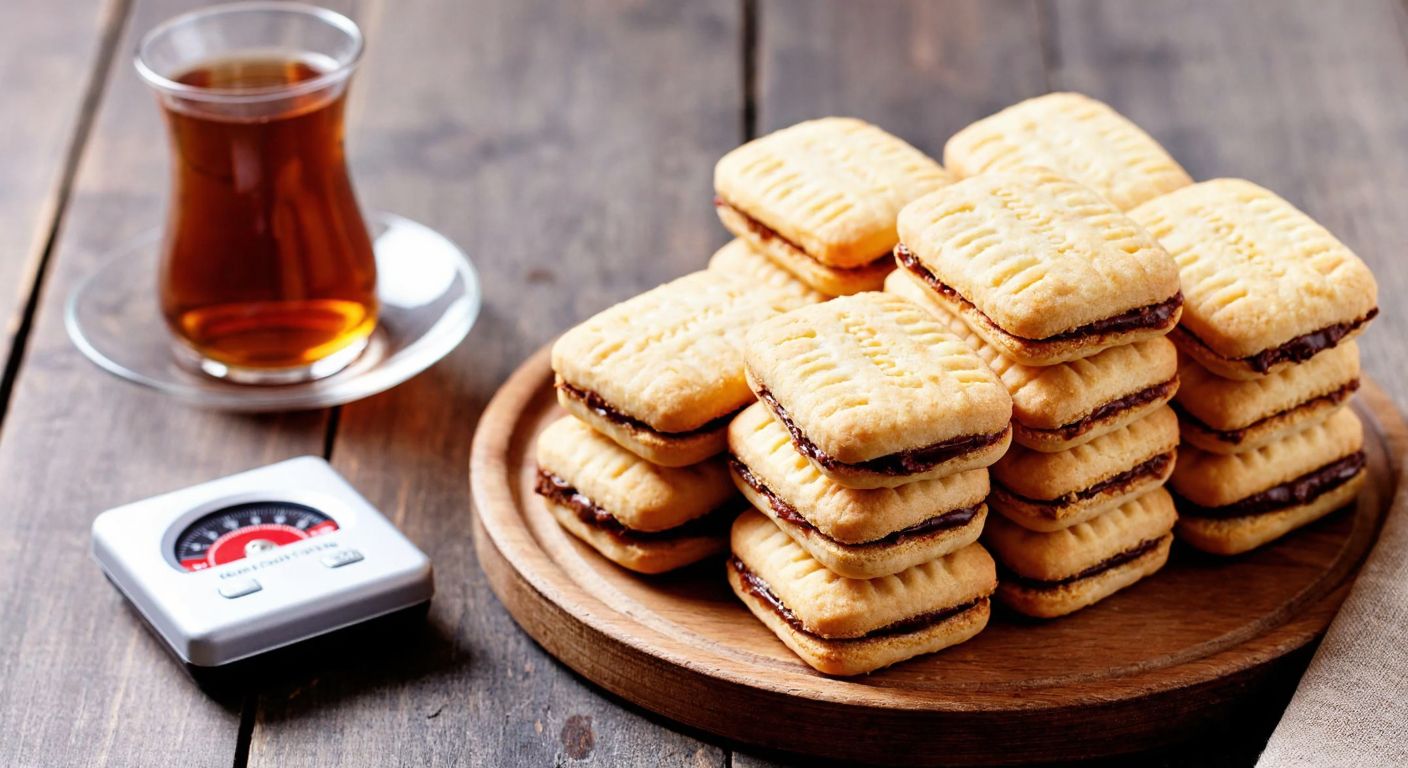A neatly arranged stack of golden, flaky Torku petibör biscuits on a rustic wooden table, with a small kitchen scale beside them and a warm Turkish tea glass in the background.